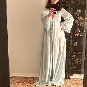 Halston 1970’s Vintage Mint Green Lace Trim Slip Dress, and Robe Set, Size Small